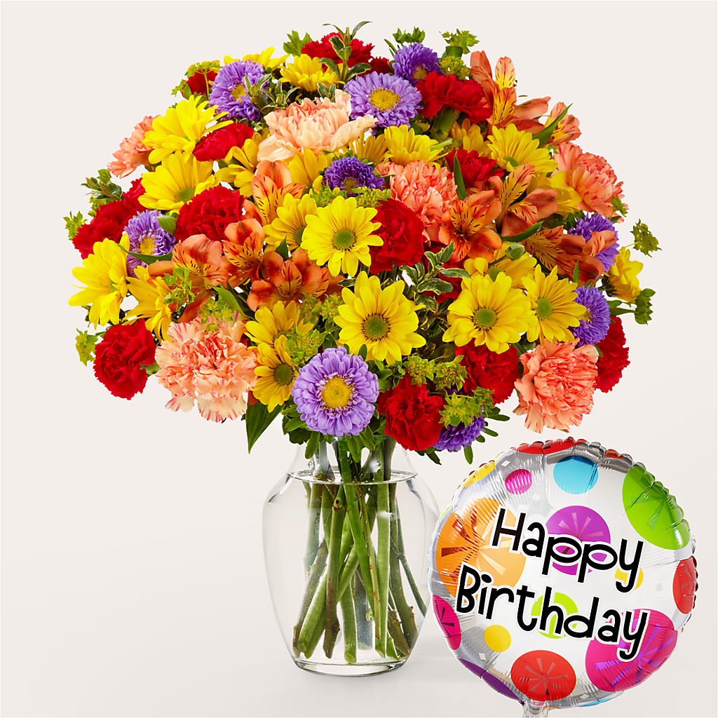 Kaleidoscope Bouquet with Birthday Balloon – A Bloom Depot, Pomona CA