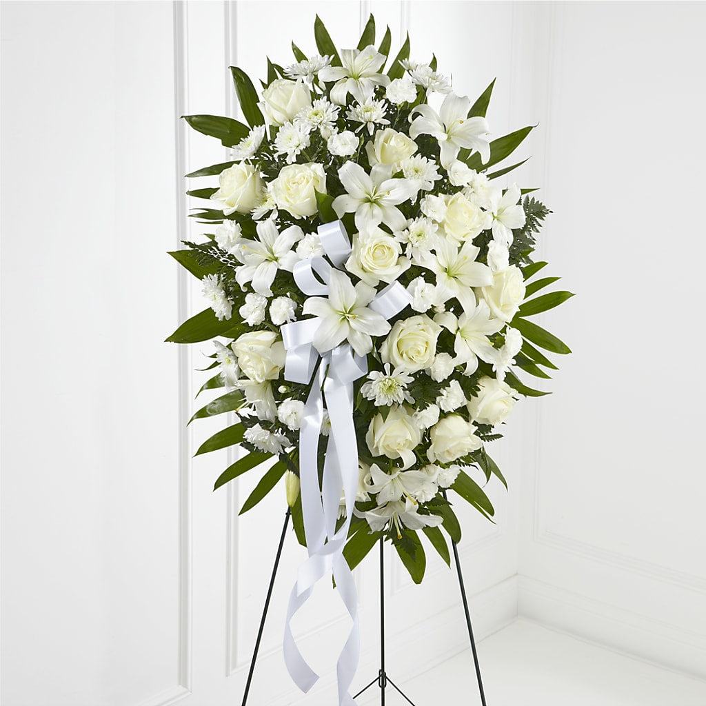 Exquisite Tribute Standing Spray-White Ribbon – A Bloom Depot, Pomona CA