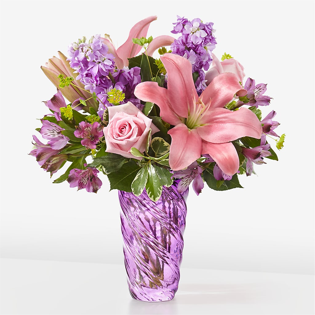 Precious Petals Bouquet with Luxe Swirl Vase – A Bloom Depot, Pomona CA